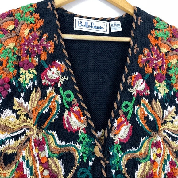 Vintage Bellepointe Hand-Knit Embroidered Sleeveless Cardigan Sweater Vest Sz M - Picture 2 of 6
